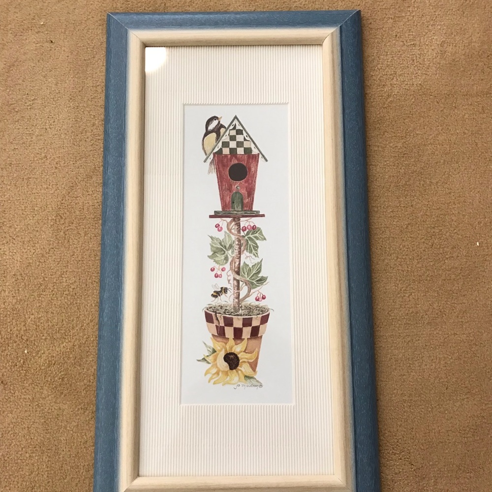 Flower pot with birdhouse framed and matted print